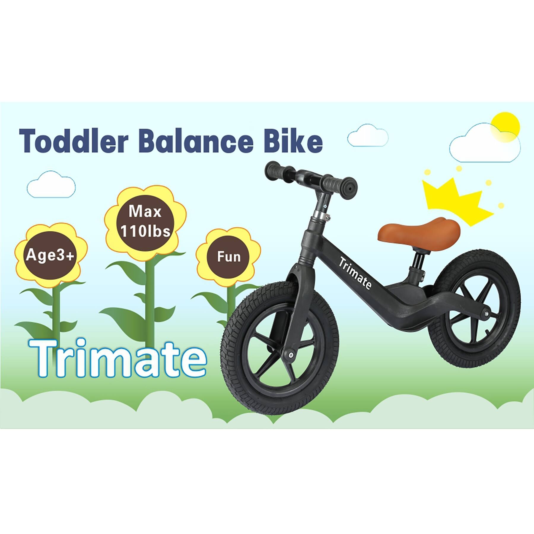 Trimate Toddler Balance Bike, Black No Pedal Sport Bike for 35 Year